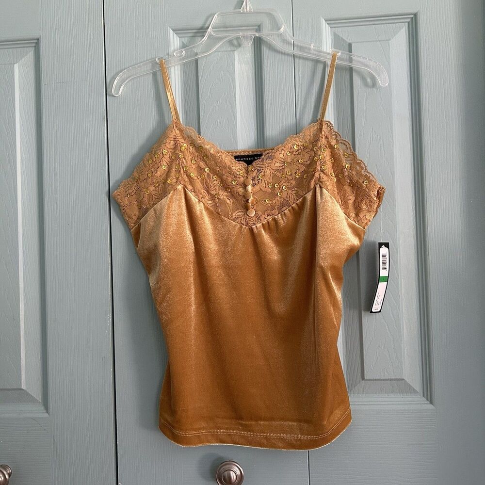 Maurice Sasson Y2K Gold‎ Velvet Lace Tank Top Large Fairycore Whimsigoth V-Neck